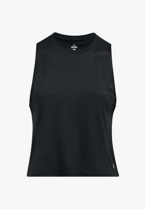 Zwart mouwloos sporttop met een ronde hals, gaasaccenten aan de zijkanten en een gladde stoftextuur. Voorzien van een logo aan de onderkant vooraan.