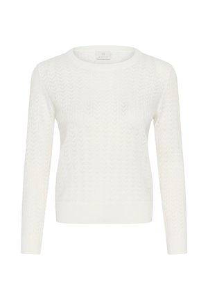 Maglione bianco lavorato a maglia con un motivo a zigzag testurizzato, scollatura rotonda e maniche lunghe. Realizzato in tessuto morbido, aderente in vita.