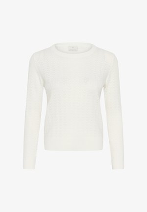 Maglione bianco lavorato a maglia con un motivo a zigzag testurizzato, scollatura rotonda e maniche lunghe. Realizzato in tessuto morbido, aderente in vita.