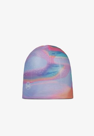 Gorro Buff colorido con una tela suave que presenta un patrón en espiral de colores pastel, principalmente azul claro, rosa y púrpura; diseño sin costuras.