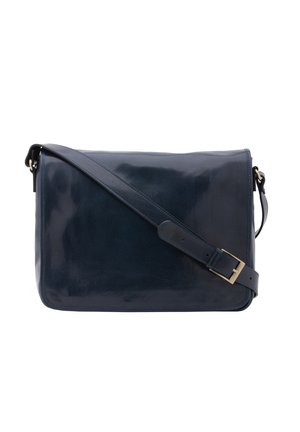Marineblaue Ledermessenger-Tasche mit glatter Oberfläche, verstellbarem Riemen und goldfarbenen Beschlägen. Rechteckige Form mit abgerundeten Ecken.