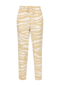 Beeži ja valged zebra mustriga püksid, millel on elastne vöökoht ja reguleeritav nöör. Pehme kangas, kitsenev jalg ja küljetaskud.