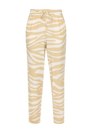 Beżowe i białe spodnie w wzór zebry z elastycznym paskiem w talii i regulowanym sznurkiem. Miękka tkanina, zwężana nogawka i boczne kieszenie.