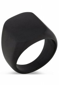 Black signet ring with a smooth, matte finish. Features a geometric shape and a rounded band, minimalist design without embellishments.