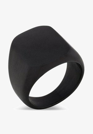 Melns zīmoga gredzens ar gludu, matētu apdari. Satur ģeometrisku formu un noapaļotu joslu, minimālistisks dizains bez dekorācijām.