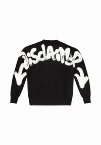 Felpa nera con audace testo in stile graffiti bianco "disclaim" e due grandi frecce rivolte verso il basso sulla parte superiore della schiena e sulle maniche.