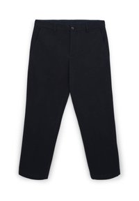 Schwarze Stoffhose mit geradem Schnitt, ausgestattet mit vorderen Taschen, einem Knopfverschluss und einer glatten Textur. Keine Muster oder sichtbaren Akzente vorhanden.