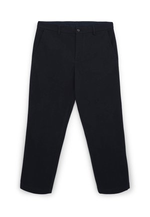 Pantaloni in tessuto nero con taglio dritto, dotati di tasche frontali, chiusura con bottone e una superficie liscia. Privi di motivi o accenti visibili.