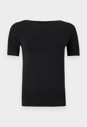 Sort kortærmet t-shirt med rund halsudskæring, lavet af blødt strækstof, med en glat tekstur og et enkelt, klassisk design.