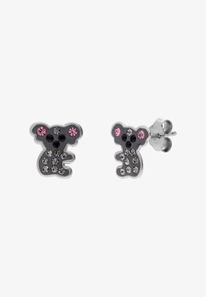 Silver stud earrings shaped like koalas decorated with black, pink, and clear rhinestones.