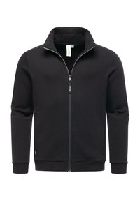 Giacca nera con zip realizzata in un tessuto morbido, dotata di un colletto alto, chiusura con zip e polsini elasticizzati, ideale per l'abbigliamento casual.