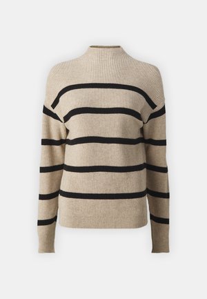 Beige neule mustilla vaakasuorilla raidoilla, korkeakauluksellinen malli, ribbaustekstuuri ja pitkät hihat. Yksinkertainen, rento tyyli, joka sopii kerrokselliseen käyttöön.
