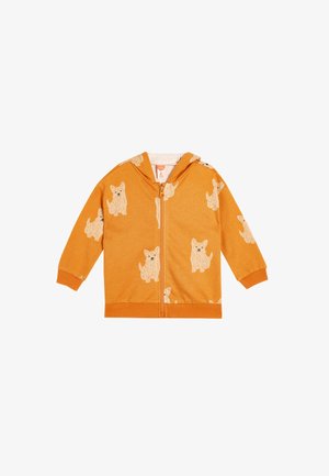 Oranje zip-up hoodie gemaakt van katoen met een zachte binnenkant, voorzien van een herhalend hondenpatroon in lichtbeige. Inclusief een capuchon en geribbelde manchetten.