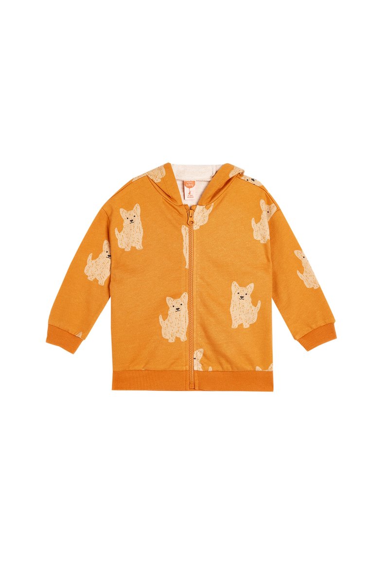 Orange fleecejakke med lynlås, lavet af bomuld med blødt inderfleece, med et gentaget hundemønster i lys beige. Inkluderer hætte og ribbede manchetter.
