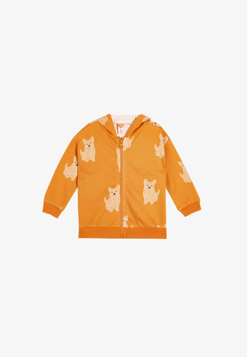 Oranje zip-up hoodie gemaakt van katoen met een zachte binnenkant, voorzien van een herhalend hondenpatroon in lichtbeige. Inclusief een capuchon en geribbelde manchetten.