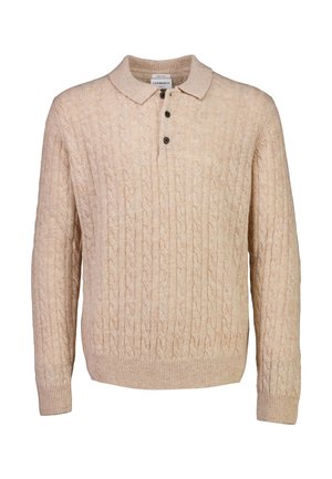 Beige kabelgebreide pullovertrui met een kraag, drie donkere knopen en geribbelde boorden en zoom. Zachte textuur, stof van gemiddelde dikte.