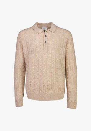 Beige kabelgebreide pullovertrui met een kraag, drie donkere knopen en geribbelde boorden en zoom. Zachte textuur, stof van gemiddelde dikte.