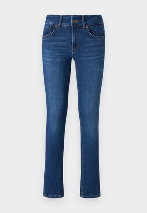 Denim jeans in medium blue, met een rechte pasvorm, vijf zakken en gestikte details bij de zakken en de tailleband.