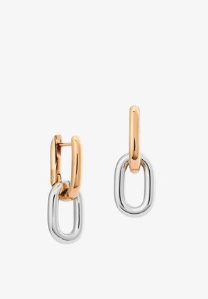 Orecchini a cerchio color oro con grandi ovali color argento collegati, formando orecchini pendenti bicolore su sfondo bianco.