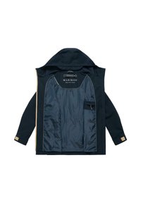 Marineblå hættejakke med beige lynlås, velcrolukninger ved ærmerne og en glat indvendig foring med en lynlåslomme på indersiden og mærkelabel "MARIKOO".