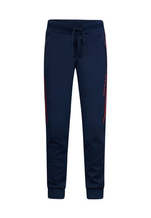 Navyblauwe sweatpants met een tailleband met trekkoord, zijzakken met rits en rode zijstrepen. Glad materiaal, tapered fit en ribgebreide boorden bij de enkels.