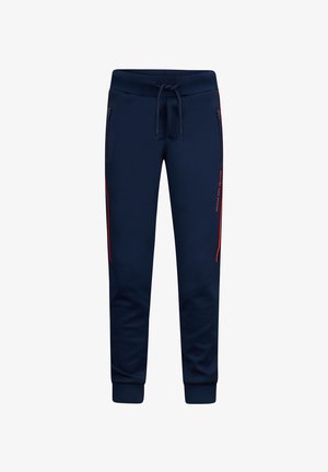 Navyblauwe sweatpants met een tailleband met trekkoord, zijzakken met rits en rode zijstrepen. Glad materiaal, tapered fit en ribgebreide boorden bij de enkels.