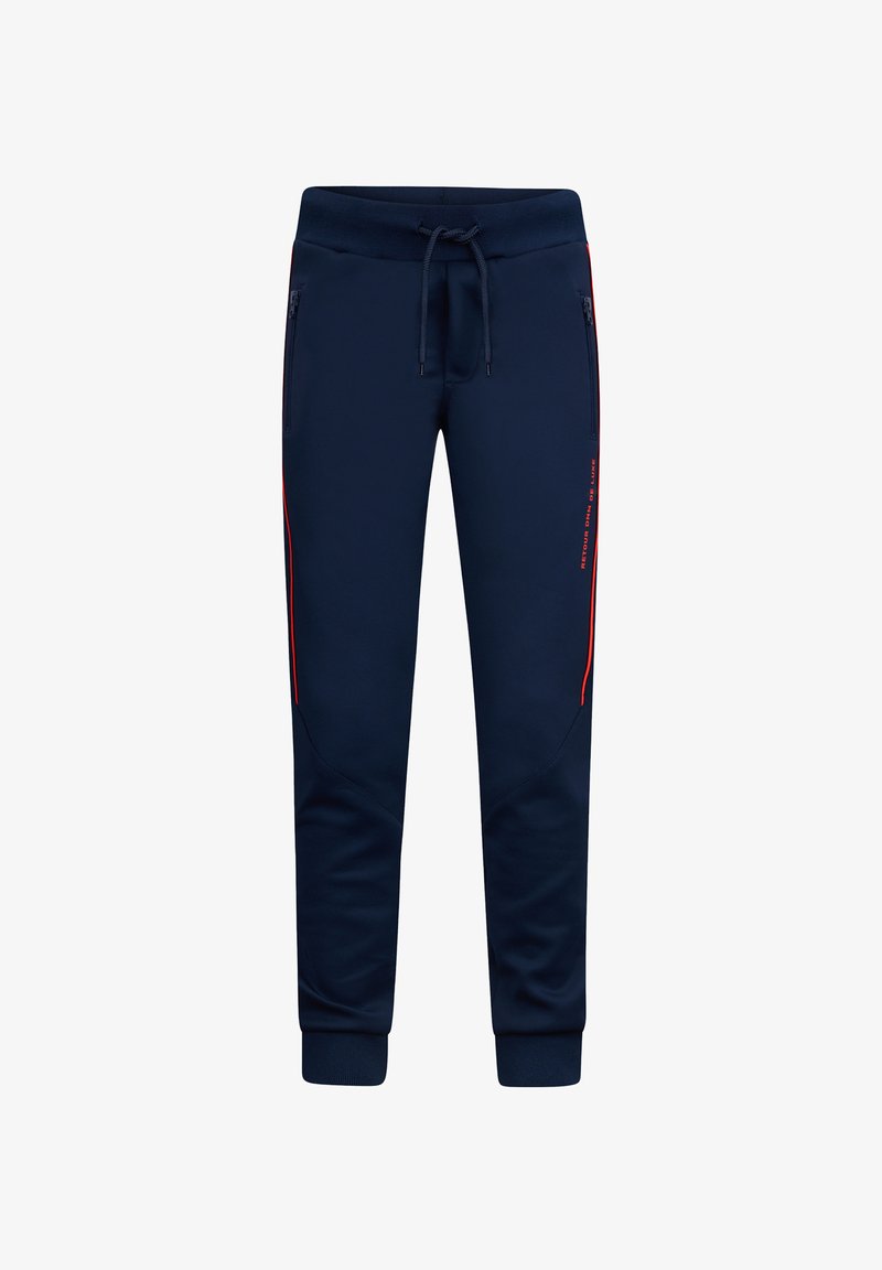 Navyblauwe sweatpants met een tailleband met trekkoord, zijzakken met rits en rode zijstrepen. Glad materiaal, tapered fit en ribgebreide boorden bij de enkels.