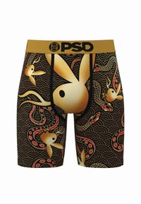 Boxer neri con design di coniglio dorato e motivi intrecciati rossi e dorati, con una cintura gialla con la scritta "PSD".