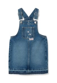 Jeans-Latzkleid in Hellblau mit verstellbaren Trägern, einer Fronttasche mit Herzdesigns und einem ausgefransten Saum.