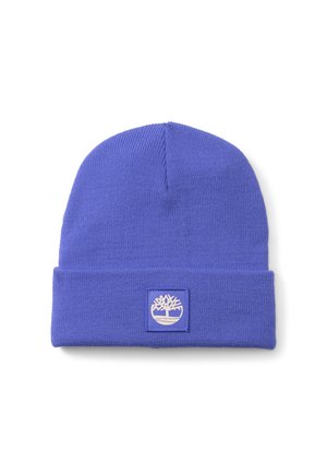 Bonnet en tricot bleu avec revers, présentant un petit patch carré affichant un logo d'arbre stylisé en blanc.