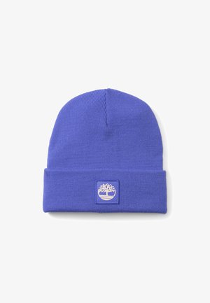 Bonnet en tricot bleu avec revers, présentant un petit patch carré affichant un logo d'arbre stylisé en blanc.