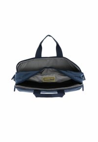 Borsa per laptop blu navy con materiale esterno testurizzato, interno grigio, doppi manici superiori e etichetta logo gialla all'interno. Chiusura con cerniera.