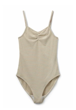 Costum de baie întreg cu dungi, în nuanțe de bej și maro, cu bretele subțiri, detaliu în față adunat și textură fină a materialului, prevăzut cu decupaje pentru picioare.