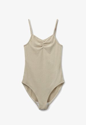 Jednoczęściowy kostium kąpielowy w paski w kolorach beżowym i brązowym, z cienkimi ramiączkami, marszczonym przodem i gładką fakturą tkaniny oraz wycięciami na nogi.