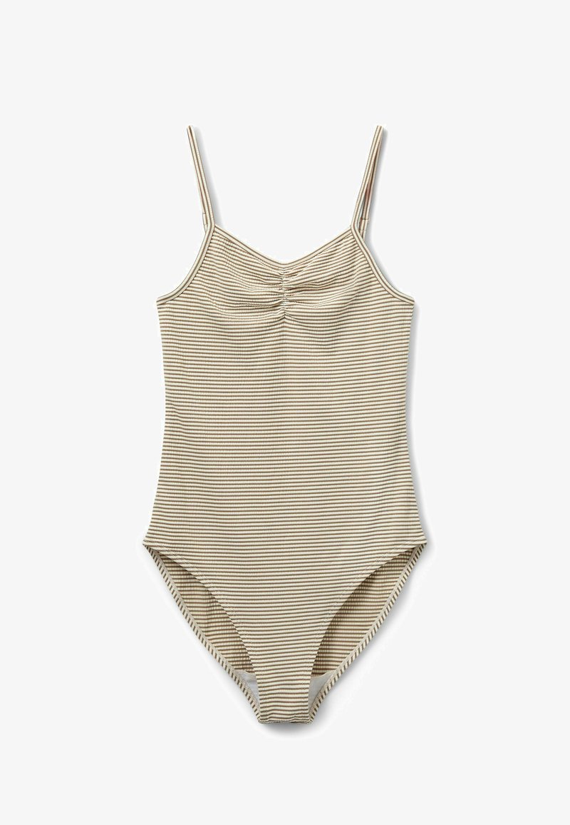 Bañador de una pieza a rayas en beige y marrón, con tirantes finos, detalle fruncido en el frente y textura de tela suave con aperturas para las piernas.