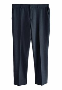 Marineblau gestreifte Hose aus glattem Stoff, mit seitlichen Taschen und taillierter Passform, leicht zulaufendem Bein und gebügelten Falten.