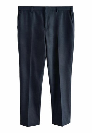 Marineblau gestreifte Hose aus glattem Stoff, mit seitlichen Taschen und taillierter Passform, leicht zulaufendem Bein und gebügelten Falten.