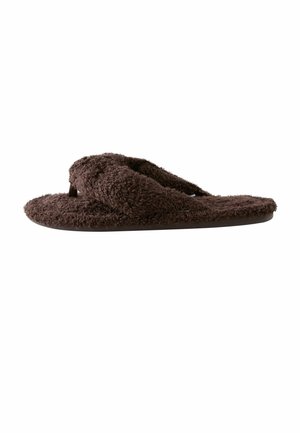 Brown fuzzy flip-flop slipper with thick textured straps and flat sole, shown from side view on white background.