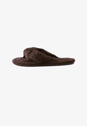 Brown fuzzy flip-flop slipper with thick textured straps and flat sole, shown from side view on white background.
