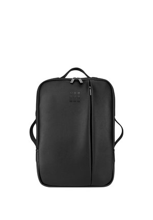 Zaino rettangolare nero con doppia cerniera superiore, tasca frontale verticale con cerniera, maniglia superiore e cinturini laterali su sfondo bianco.