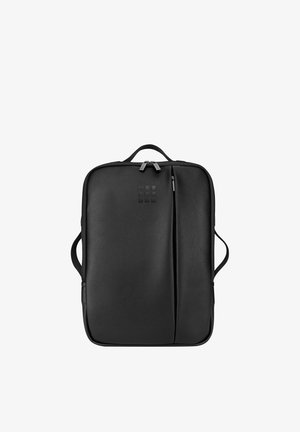 Zaino rettangolare nero con doppia cerniera superiore, tasca frontale verticale con cerniera, maniglia superiore e cinturini laterali su sfondo bianco.