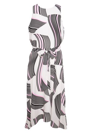 Sleeveless midi dress with black and pink abstract wavy stripes on white, featuring a round neckline and a fabric belt tied at the waist.