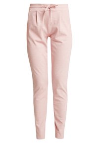 Ljust rosa tapered byxor, tillverkade av mjukt tyg, med dragsko i midjan och framdragningar. Slät textur utan synliga mönster.