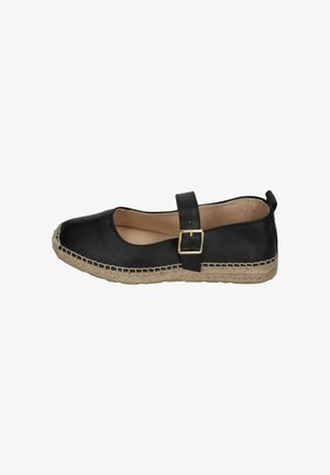 Black Mary Jane flat shoe with beige woven espadrille sole and gold buckle strap on white background.
