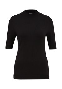 Pull en maille noir à manches courtes avec col rond côtelé, poignets et ourlet, silhouette cintrée.