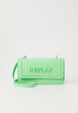 Light green synthetic crossbody bag with embossed "REPLAY" text, structured shape, and adjustable strap. Smooth texture and minimalist design.