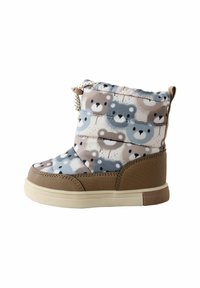 Kinder-Schneestiefel mit einer beigen Gummisohle, gepolstertem Obermaterial mit einem Bärenmotiv in sanften Grau- und Brauntönen sowie einem Zugbandverschluss.