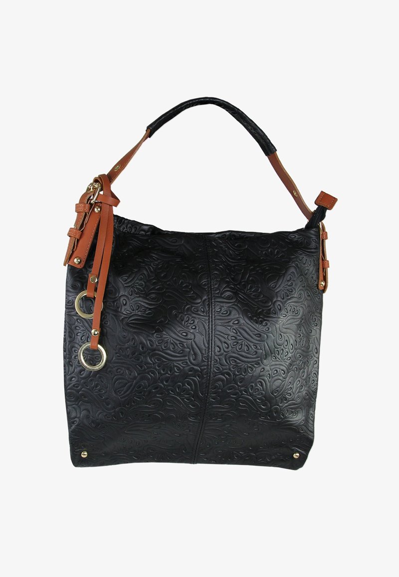 Zwarte handtas van geperst leer met een textuurrijk, wervelend patroon; voorzien van een bruine schouderriem, gouden hardware en zijkringen.