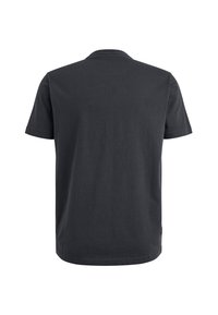 Camiseta de manga corta en algodón gris oscuro, con un cuello redondo y un dobladillo recto, que presenta una pequeña etiqueta en la costura lateral inferior.
