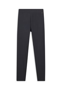 Leggings neri con una texture liscia, design aderente e vita elastica. Presentano un piccolo logo sulla vita.
